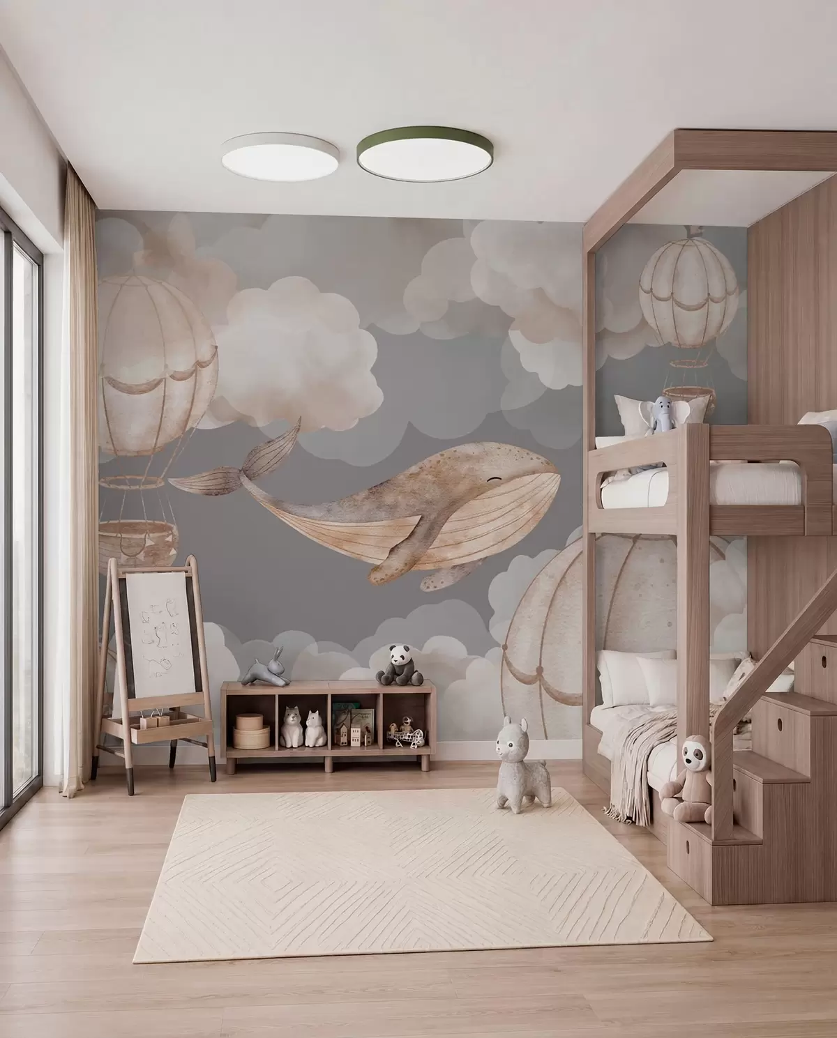 murales de pared Ballenas y globos aerostáticos entre suaves nubes w04522