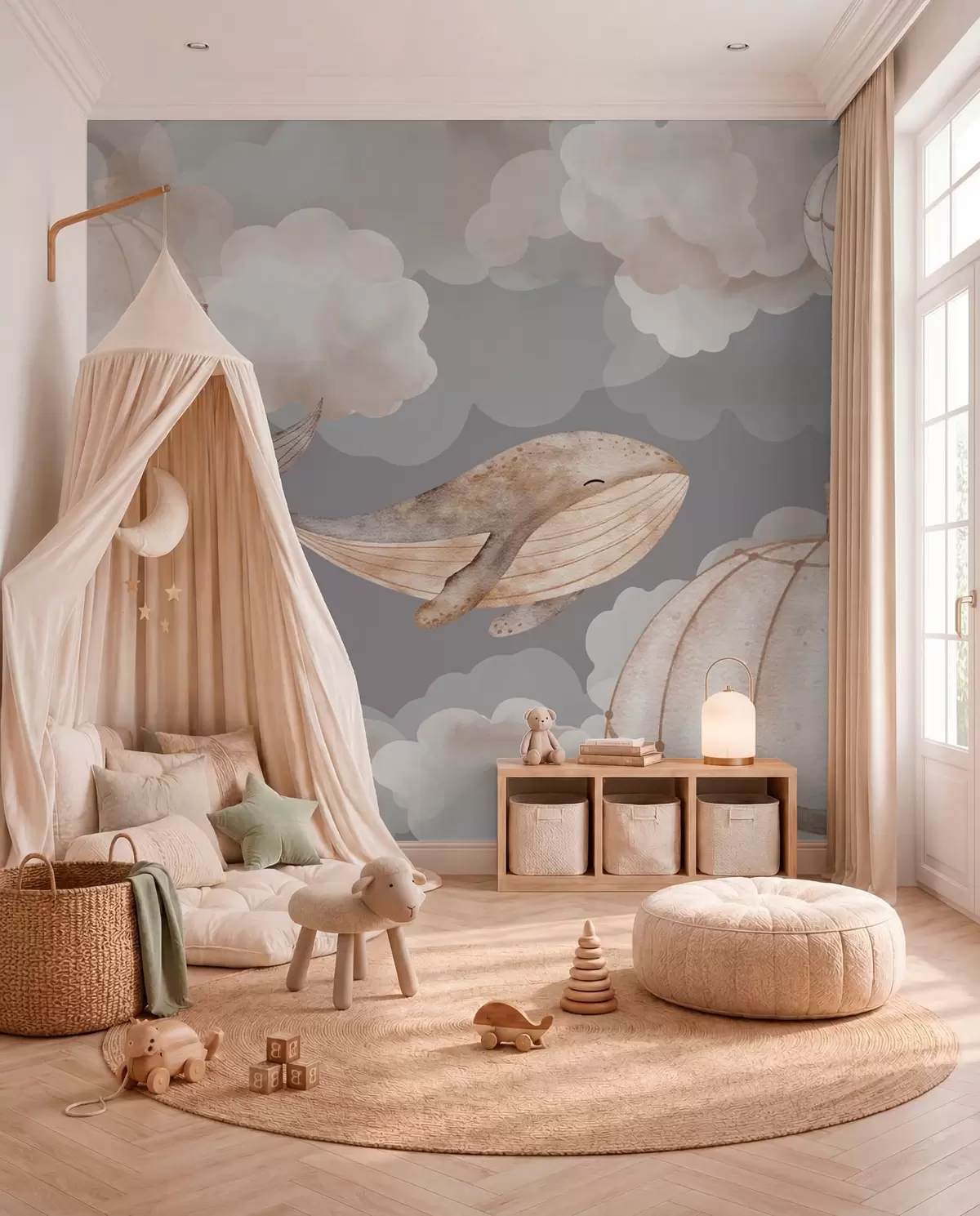 murales de pared Ballenas y globos aerostáticos entre suaves nubes w04522