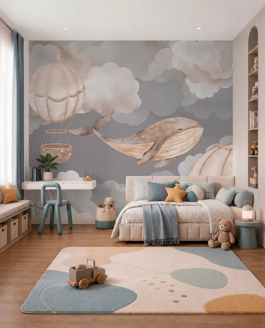 murales de pared Ballenas y globos aerostáticos entre suaves nubes w04522