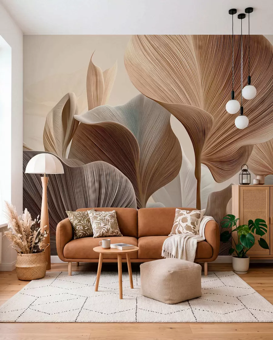 murales de pared Hojas elegantes de color beige con una textura lineal fina w04549