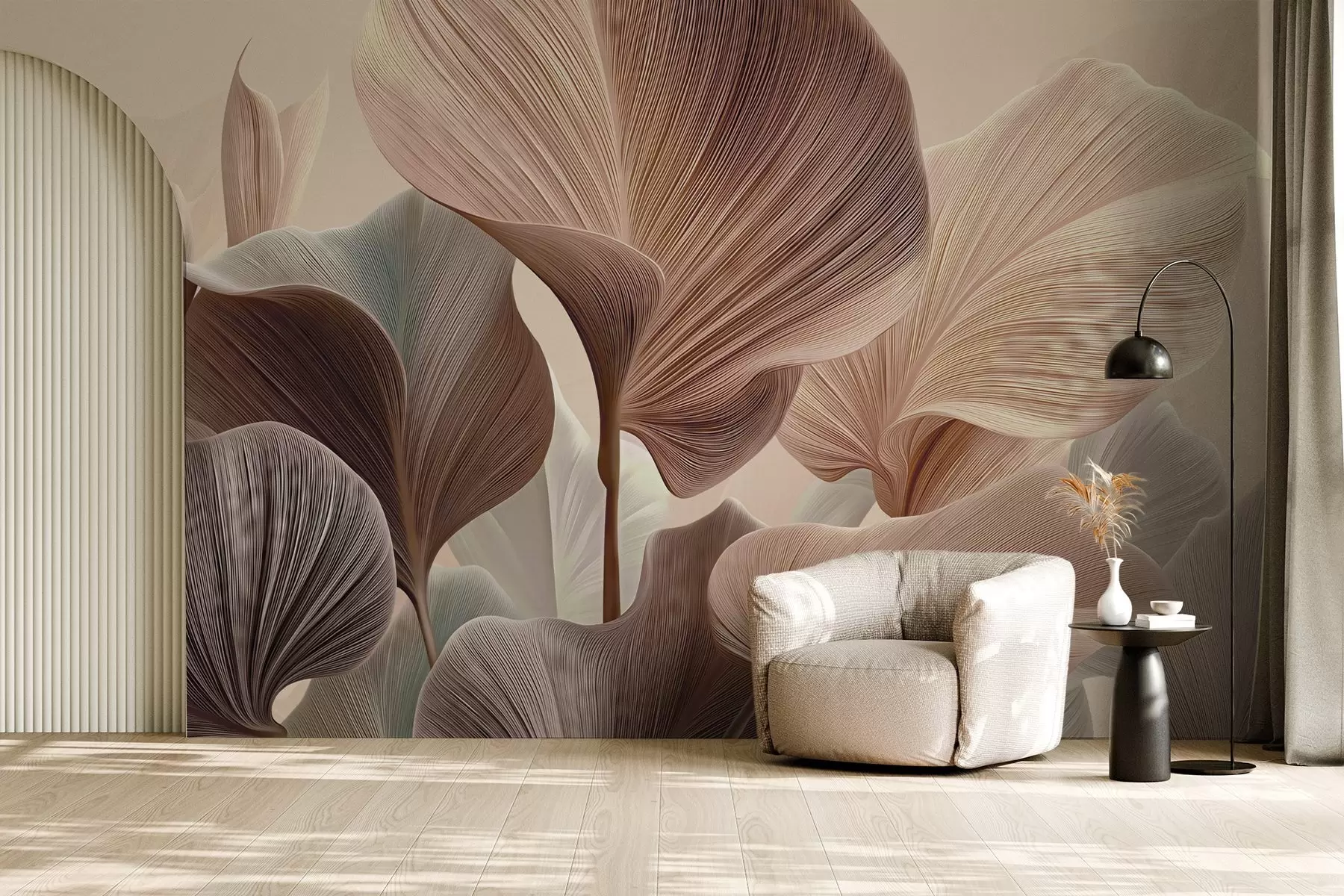 murales de pared Hojas elegantes en cálidos tonos beige w04549v1