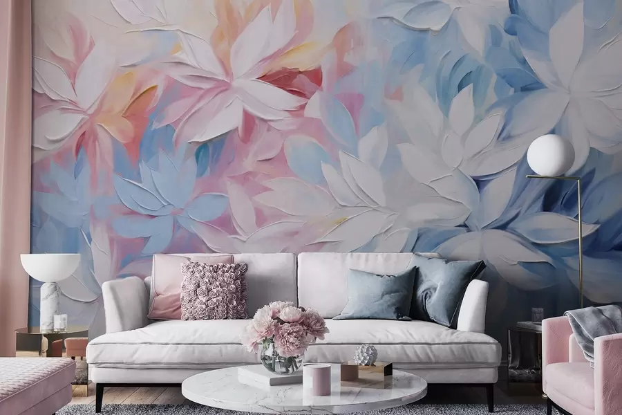 murales de pared Flores blancas con textura y hojas rosas y azules, pintura al óleo de estilo abstracto, pinceladas suaves, colores pastel w09396