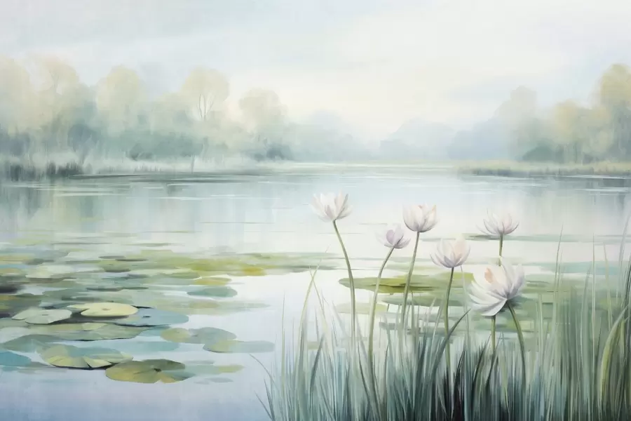 murales de pared Paisaje con un lago, nenúfares y hojas de nenúfar, árboles al fondo, en un entorno tranquilo, tonos azul claro y verde w09395