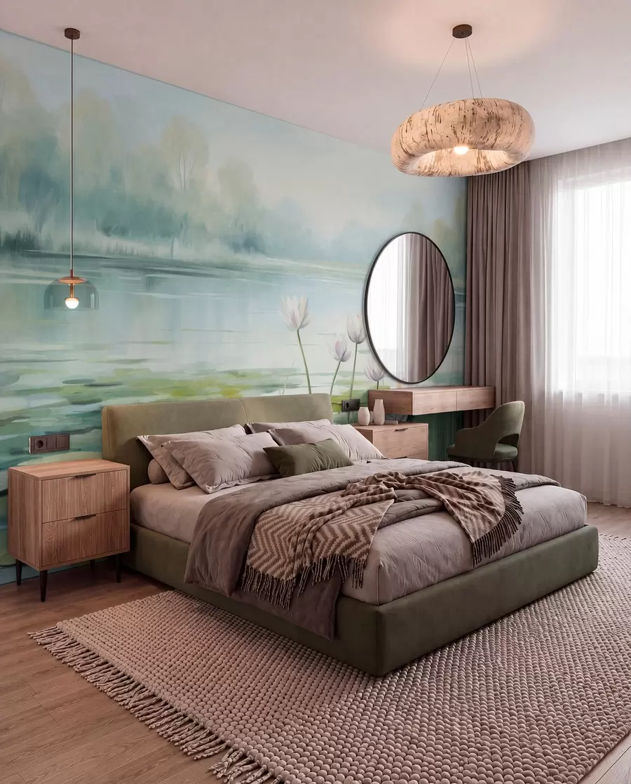 murales de pared Paisaje con un lago, nenúfares y hojas de nenúfar, árboles al fondo, en un entorno tranquilo, tonos azul claro y verde w09395