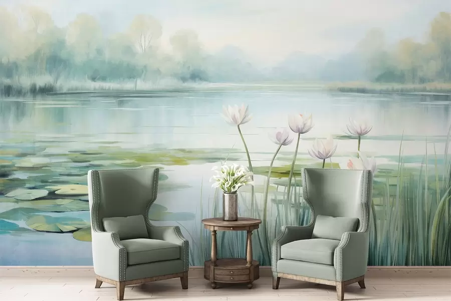 murales de pared Paisaje con un lago, nenúfares y hojas de nenúfar, árboles al fondo, en un entorno tranquilo, tonos azul claro y verde w09395