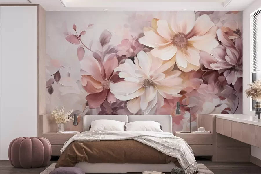 murales de pared Un arreglo floral con flores grandes de colores suaves y textura, en tonos burdeos, melocotón y blanco, con hojas delicadas w09398
