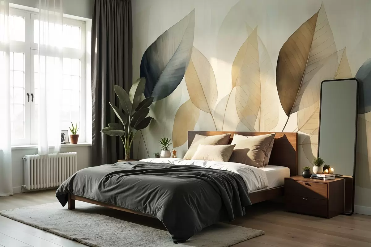 murales de pared Pintura texturizada imitación de hojas en tonos marrones, amarillos y grises, con delicadas venas y tallos w09400