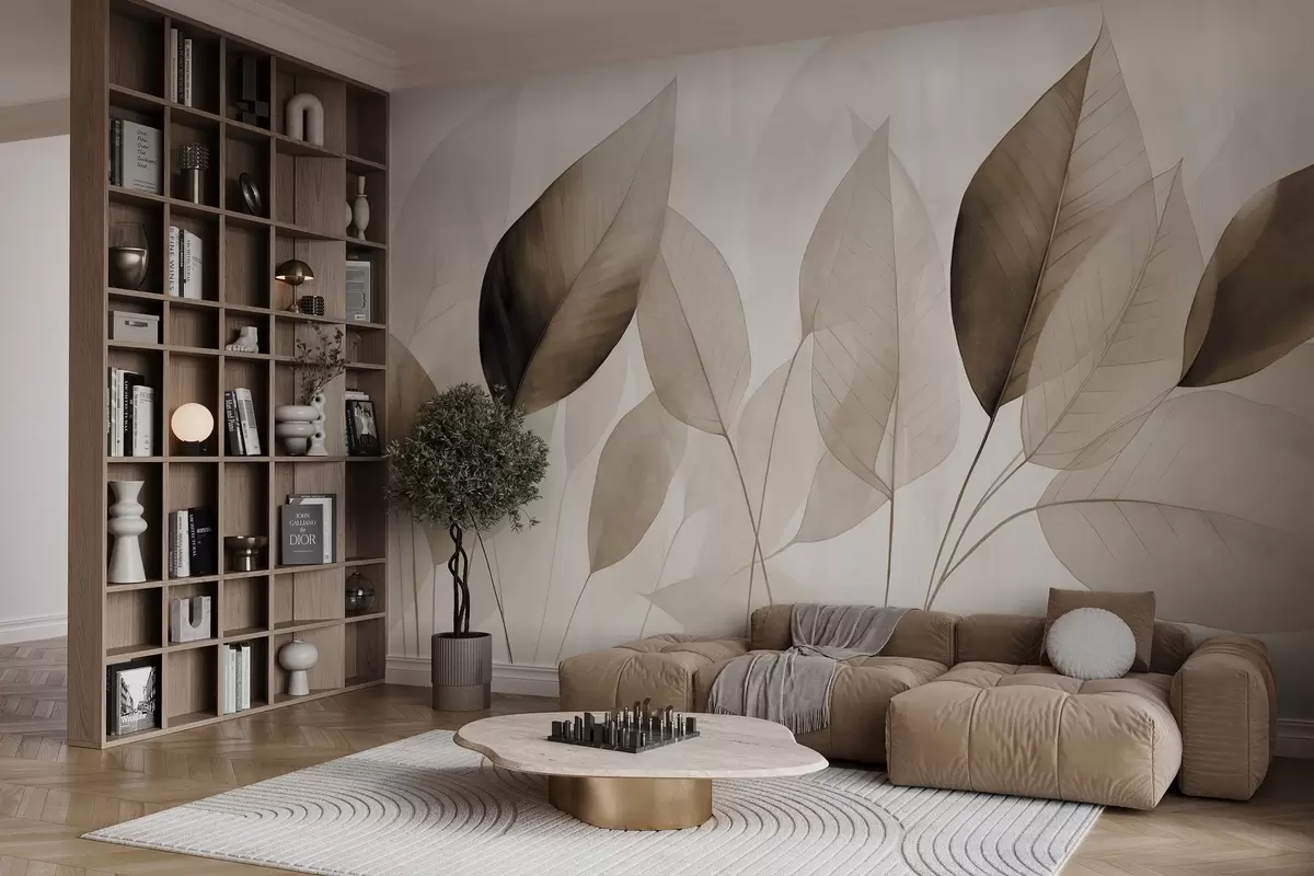 murales de pared Pintura texturizada imitación de hojas en tonos marrones y beige con delicadas venas y tallos w09400v1