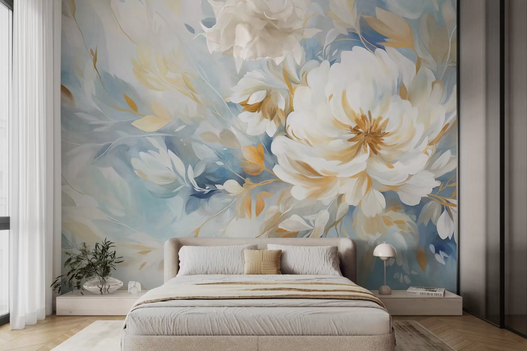 Murales de pared Flor blanca texturizada con detalles azules y amarillos y hojas sobre un fondo abstracto azul y blanco, estilo pictórico w09403 murales de pared Flor blanca texturizada con detalles azules y amarillos y hojas sobre un fondo abstracto azul y blanco, estilo pictórico w09403