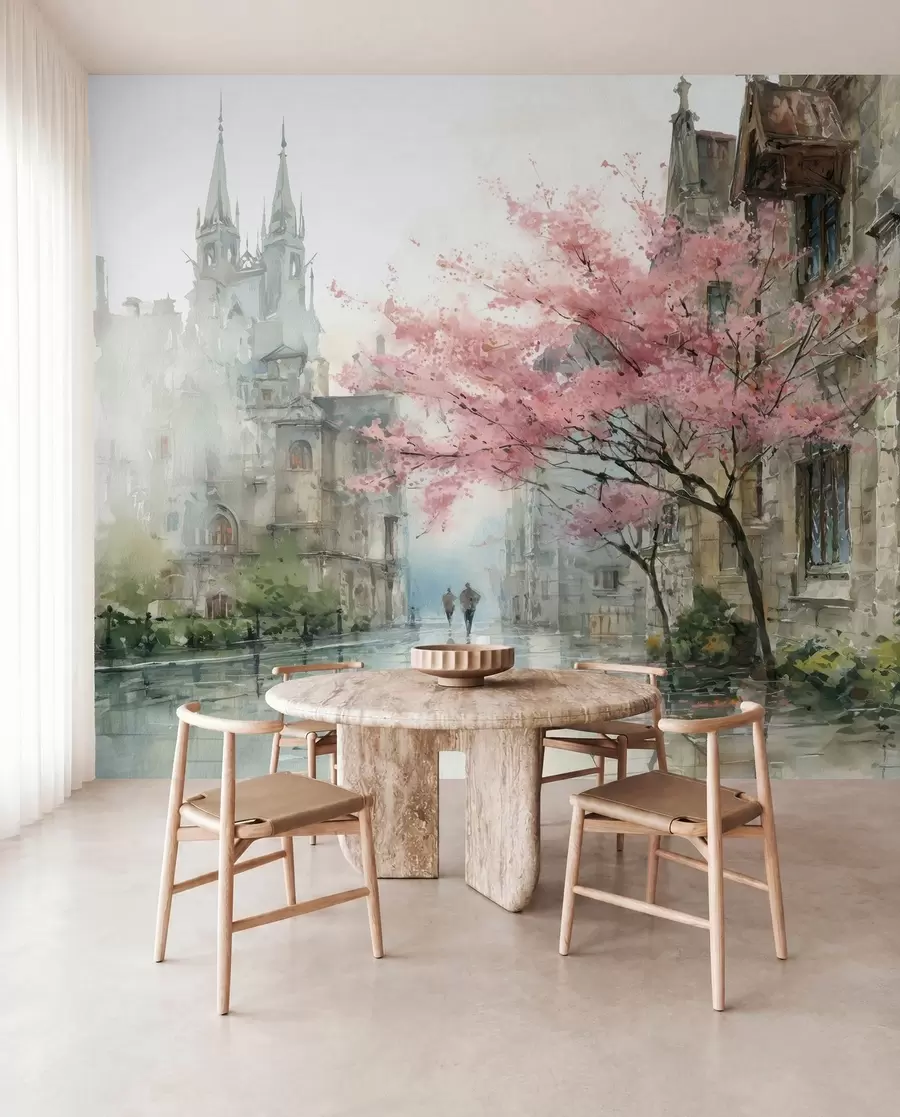 murales de pared paisaje urbano en estilo acuarela w04500