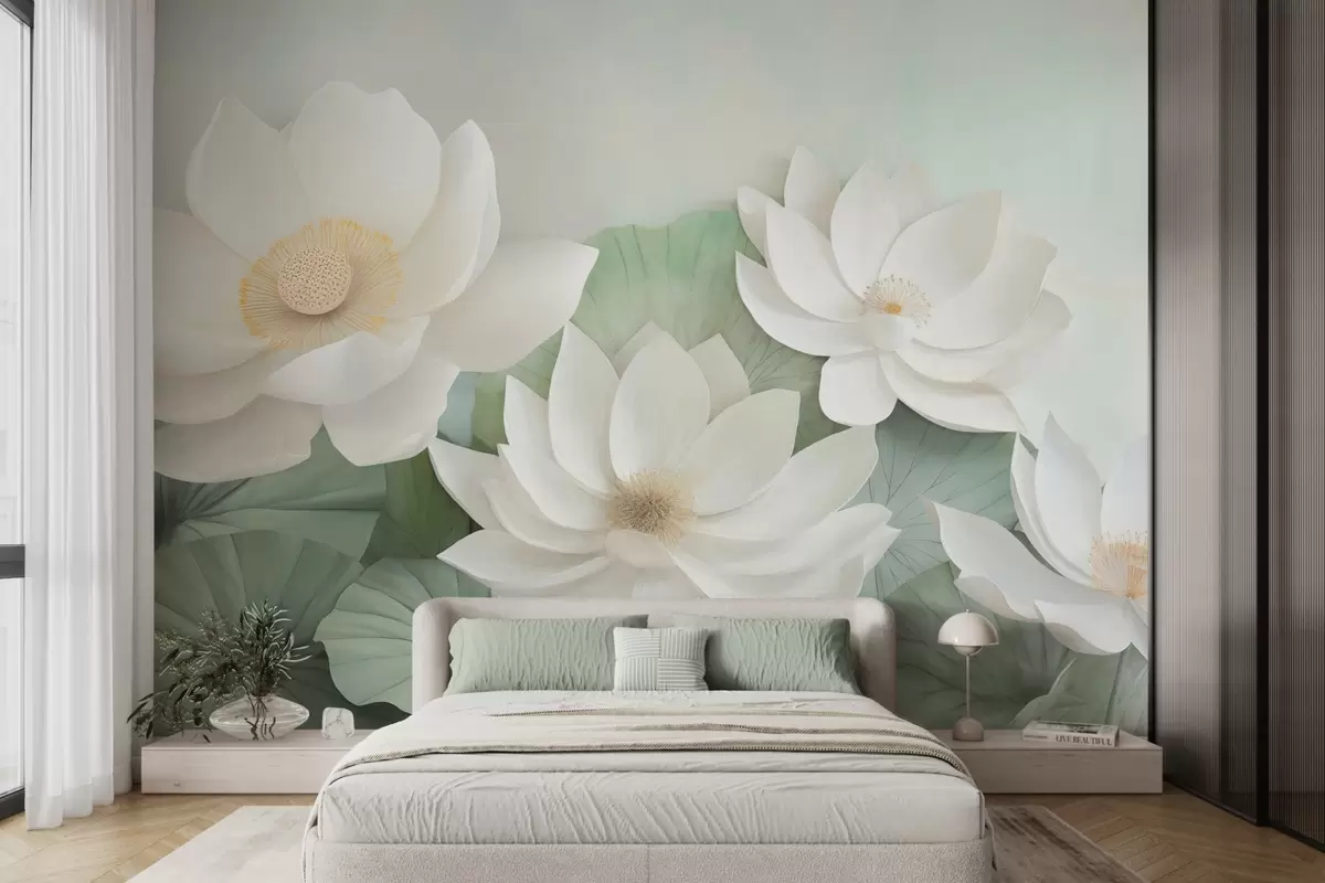 murales de pared Flores de loto en el follaje w04539
