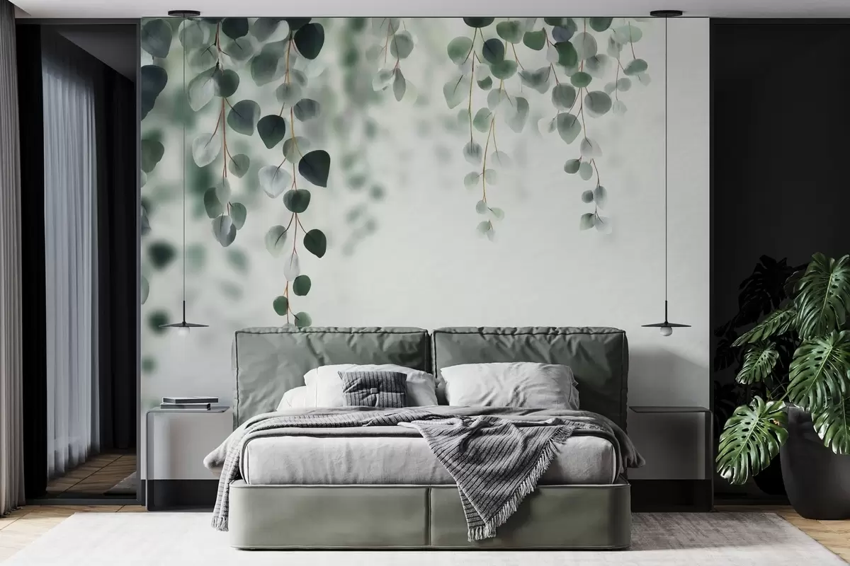 murales de pared Eucalipto cayendo sobre un fondo claro w04393