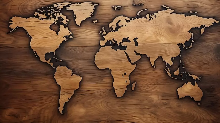 murales de pared Mapa del mundo de madera con relieve recortado w04577