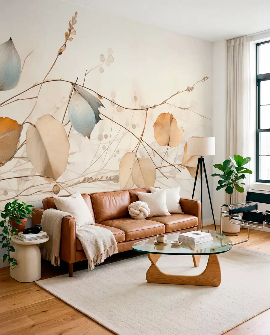 murales de pared Ramas delicadas con hojas en tonos beige w04579