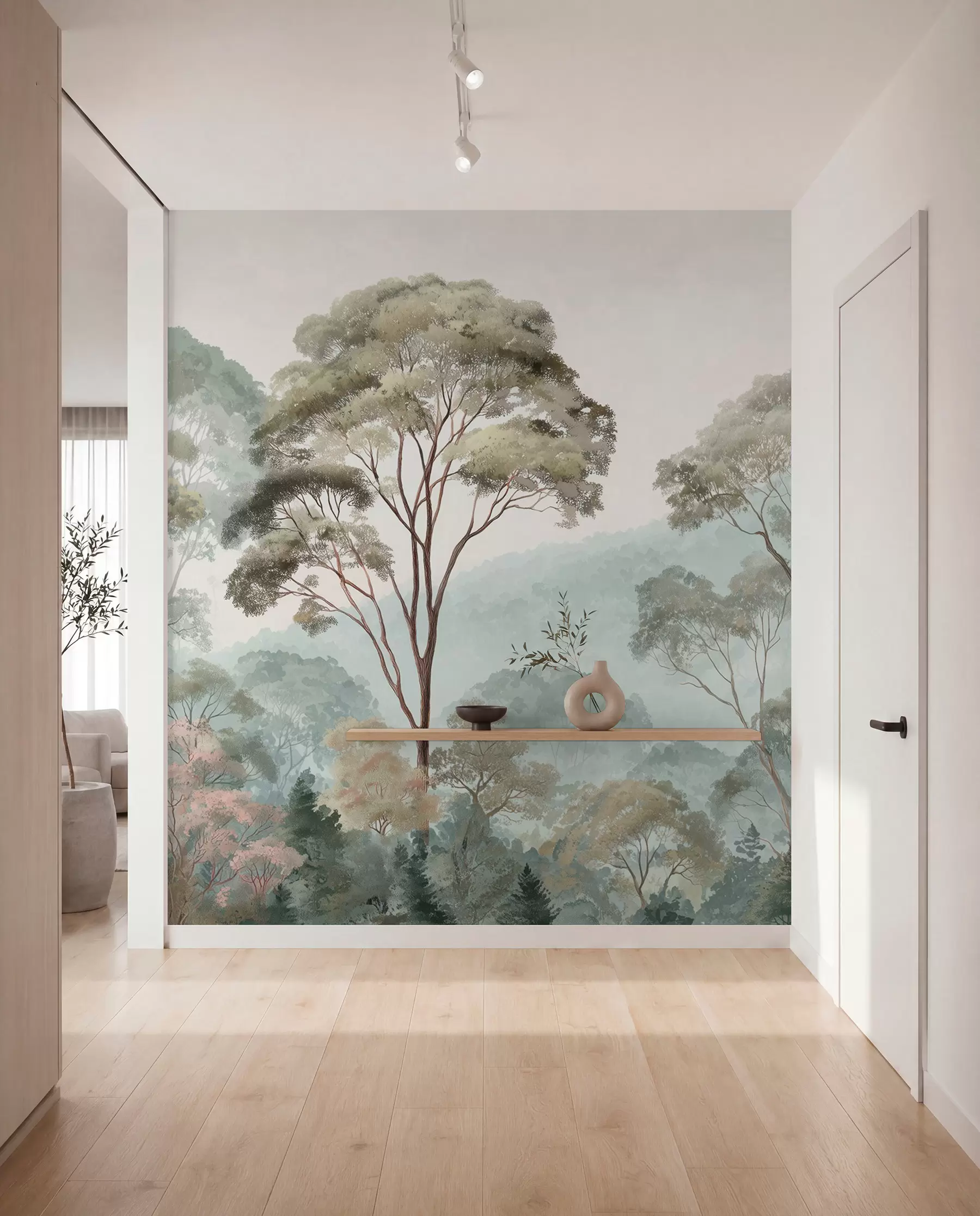 murales de pared Mañana brumosa en el bosque en estilo acuarela w09405