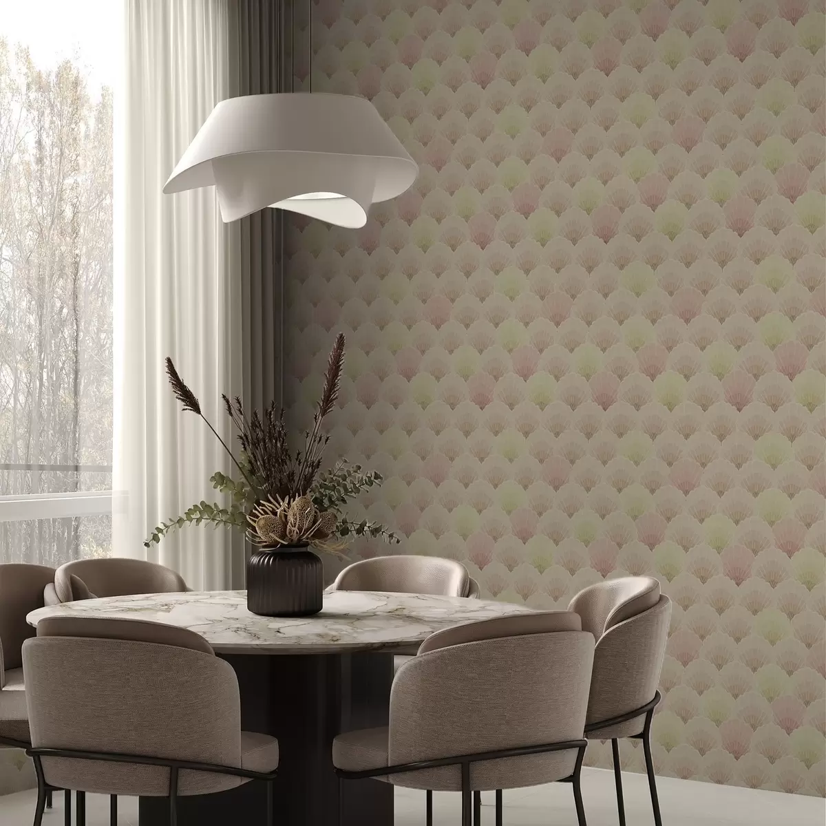 Papel pintado Conchas Art Déco en tonos pastel — patrón rítmico a00493