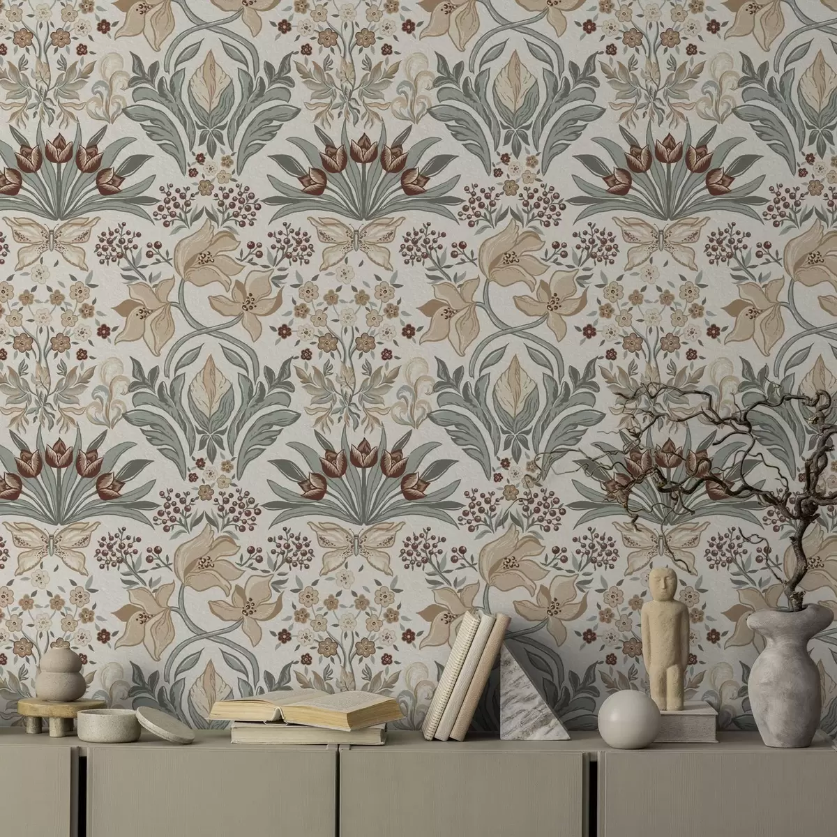 Papel pintado Lirios decorativos y una mariposa sobre fondo crema a00500