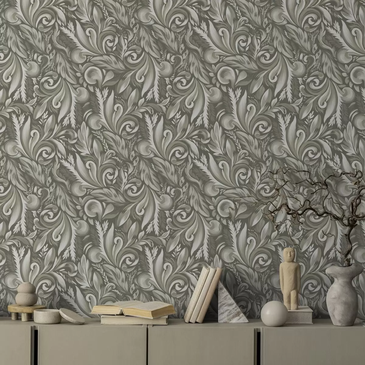 Papel pintado Volutas de acanto en una paleta de colores beige oliva a00501