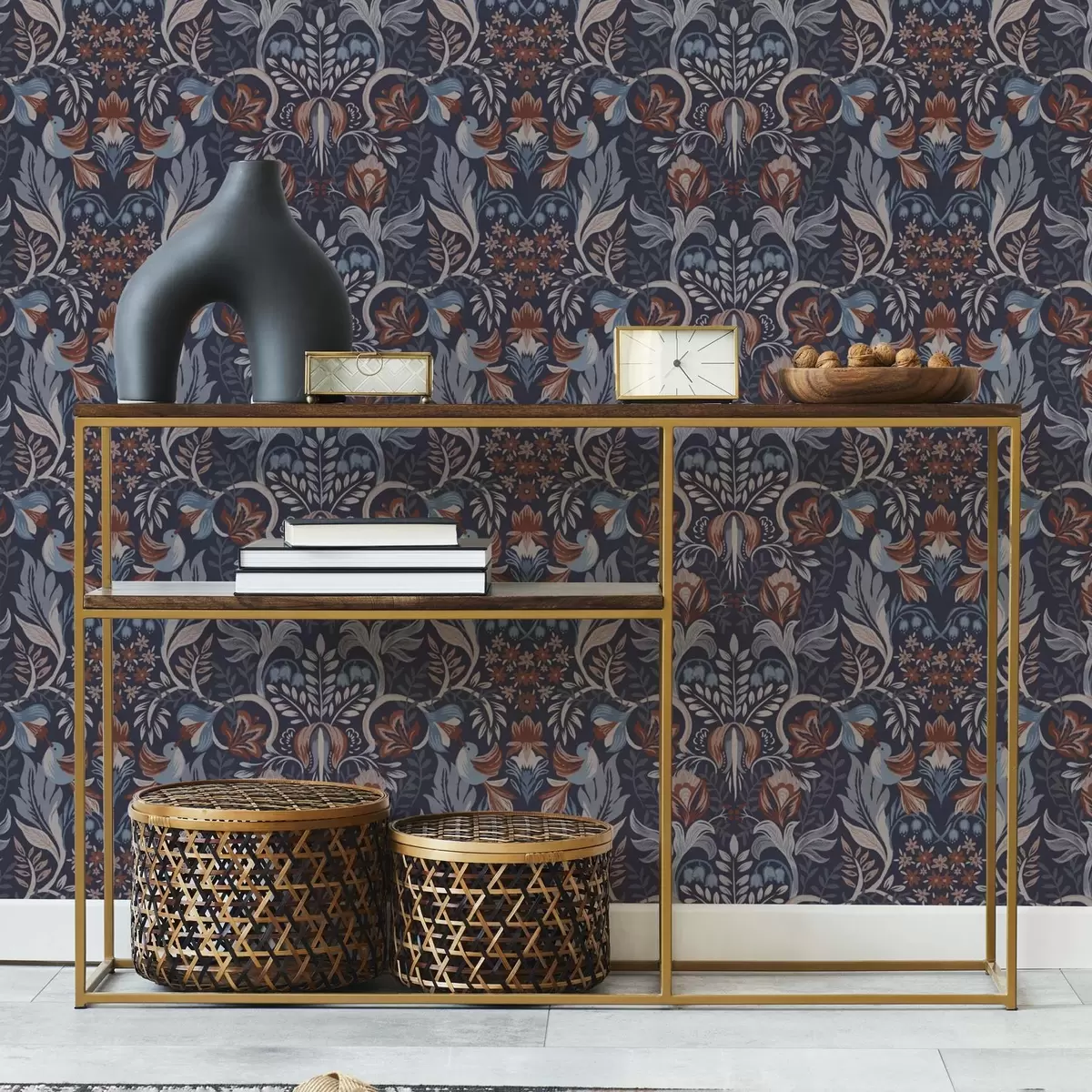 Papel pintado Flores y pájaros populares sobre fondo azul oscuro a00502