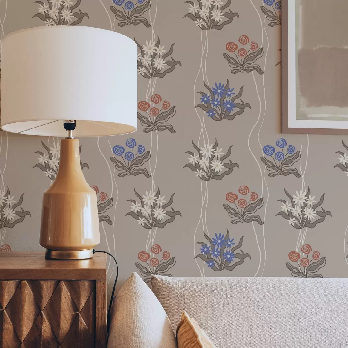 Papel pintado Flores retro con líneas onduladas sobre un fondo beige cálido a00503
