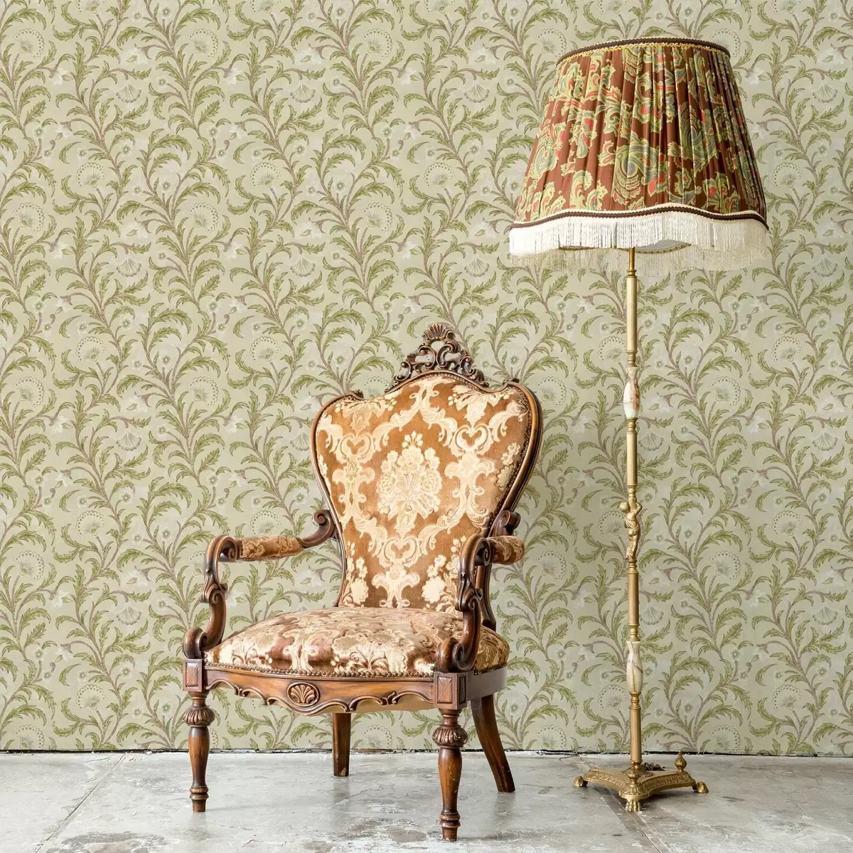Papel pintado Adorno vintage con volutas y flores, beige y oliva a00574