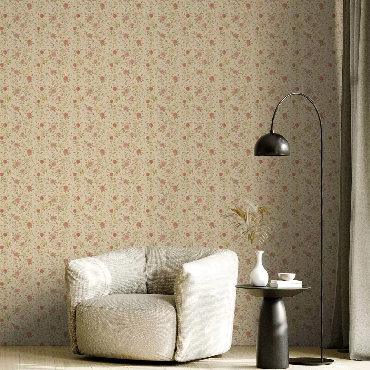 Papel pintado Rosas vintage en tonos melocotón y amarillo sobre fondo crema a00577