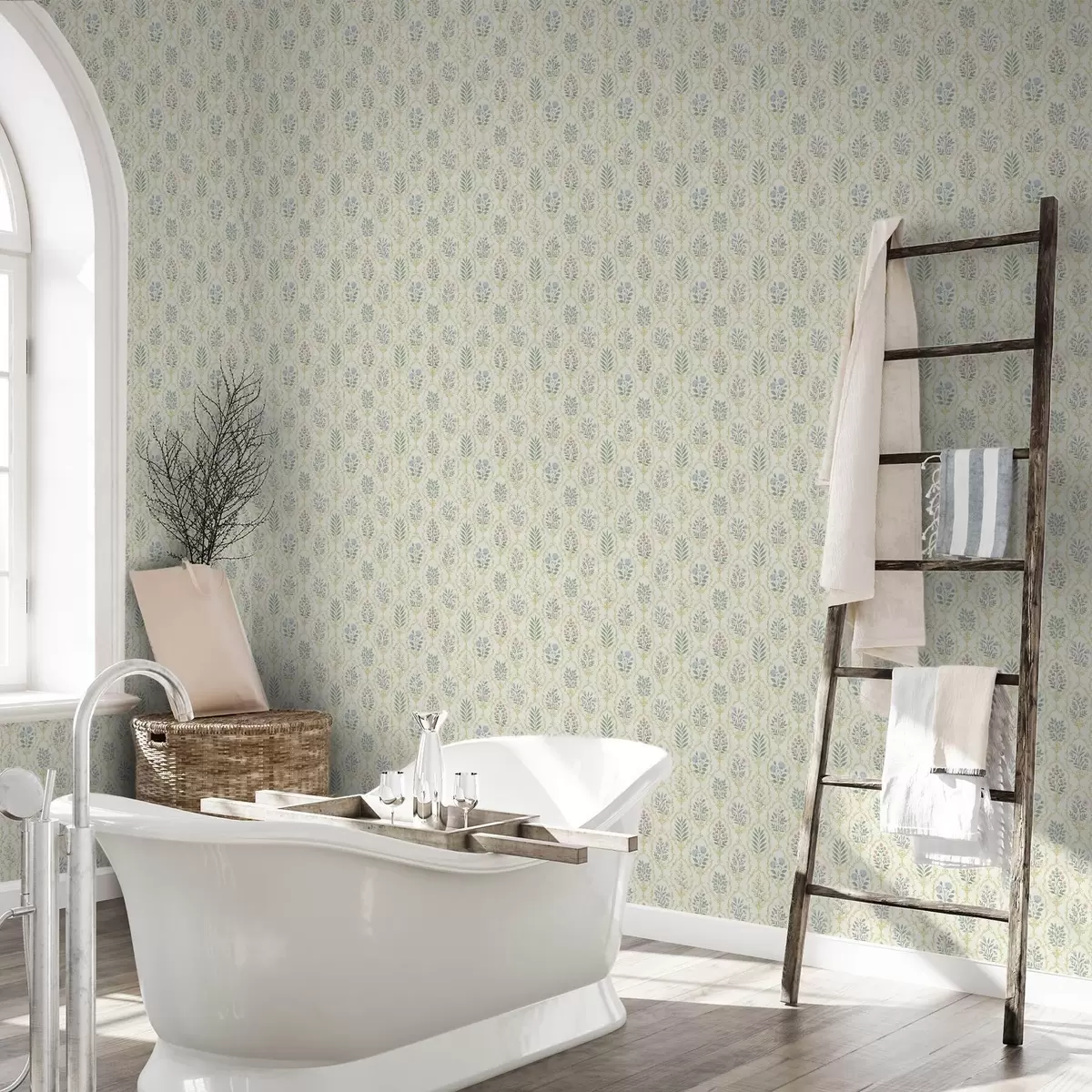 Papel pintado Medallones botánicos en celosía, tonos pastel a00579