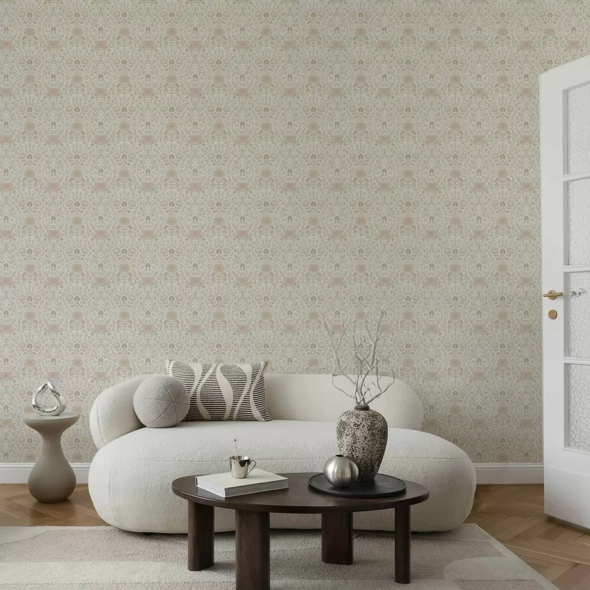 Papel pintado Estilo Morris: peonías y hierbas en suaves tonos beige y verdes a00581