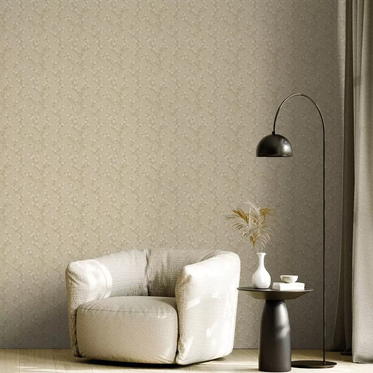 Papel pintado Pequeñas ramitas blancas sobre un fondo de lino beige a00584
