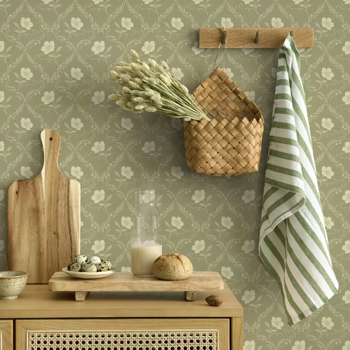 Papel pintado Enrejado de olivo con flores color crema, adorno retro a00585