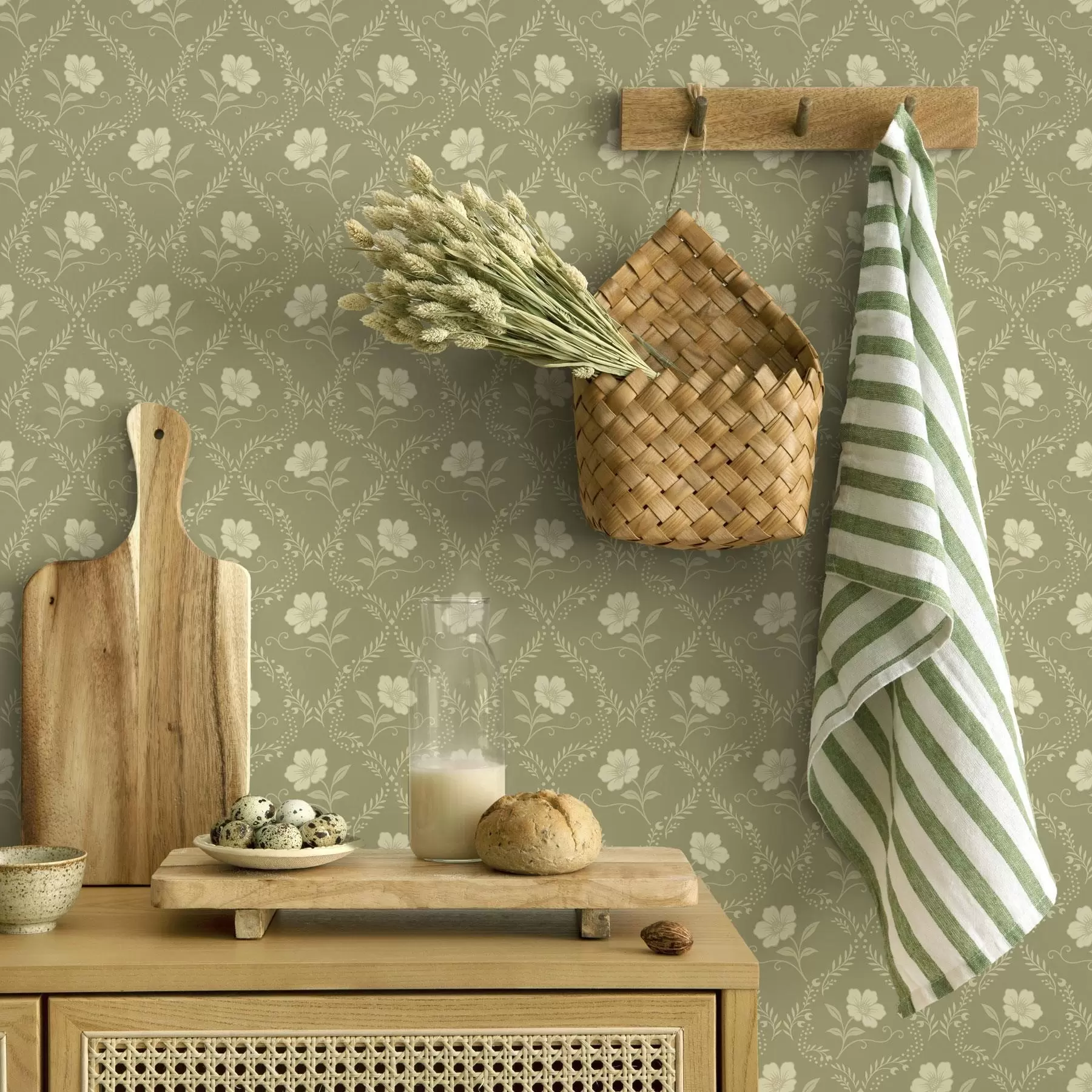 murales de pared Enrejado de olivo con flores color crema, adorno retro a00585