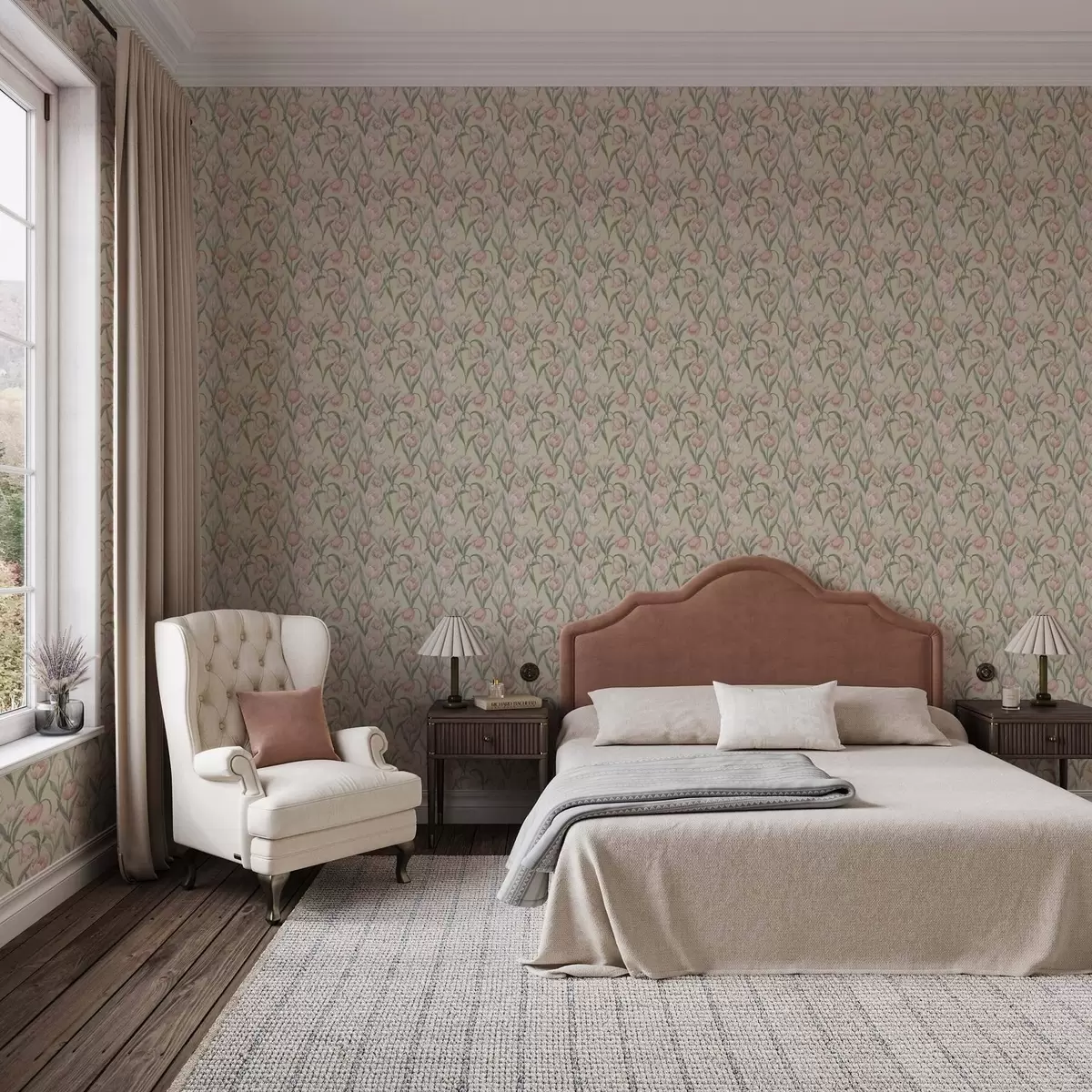 Papel pintado Tulipanes rosa pálido sobre un suave fondo beige a00589