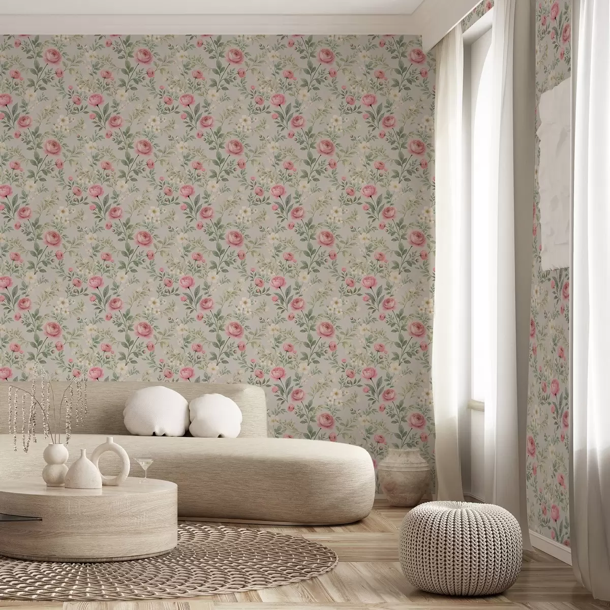 Papel pintado Peonías y flores blancas en acuarela sobre fondo gris-beige a00592