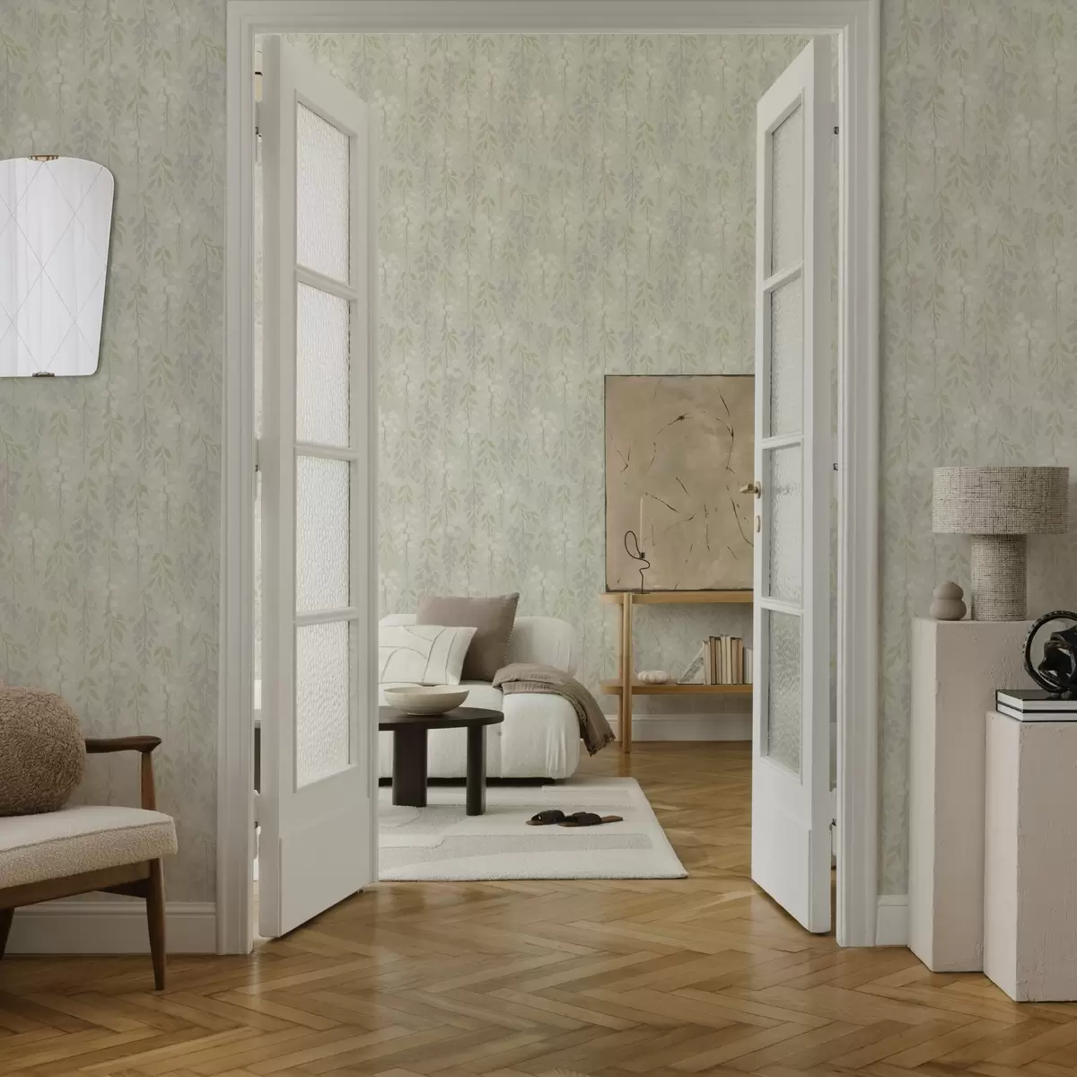 Papel pintado Glicinia lavanda sobre fondo verde menta a00593