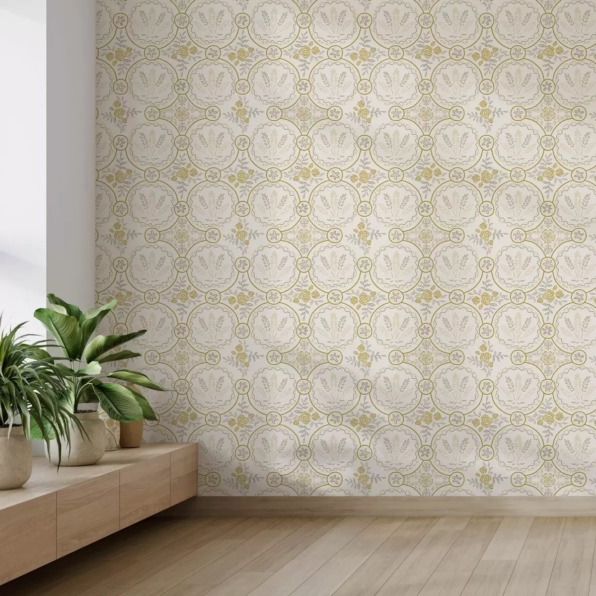 Papel pintado Adorno retro con trigo y rosas en dorado a00595
