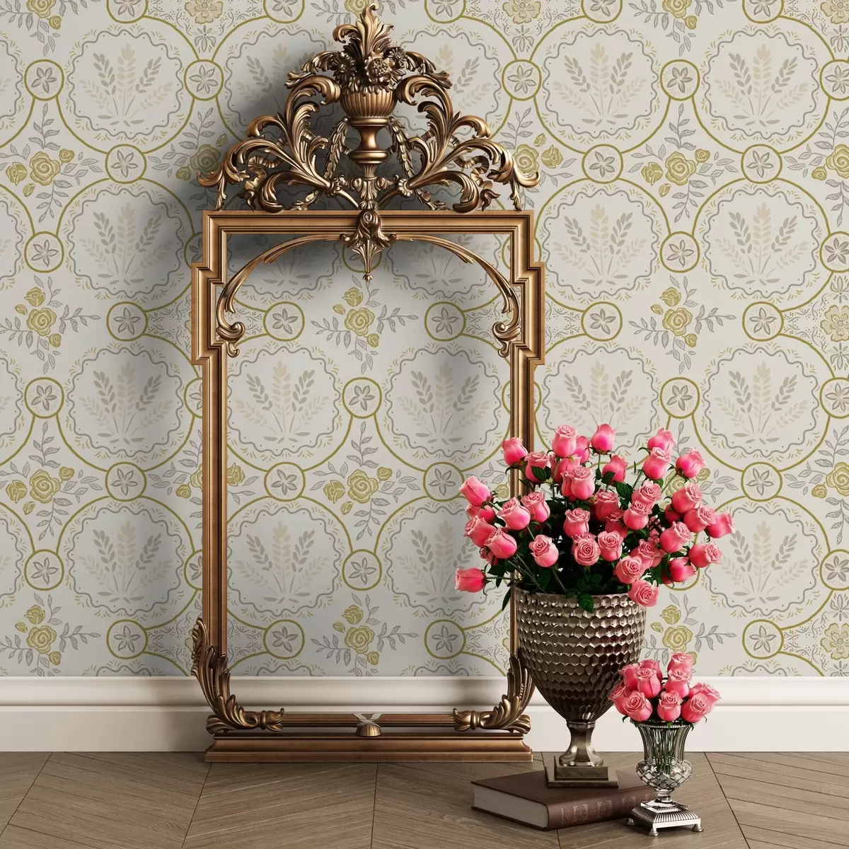 Papel pintado Adorno retro con trigo y rosas en dorado a00595