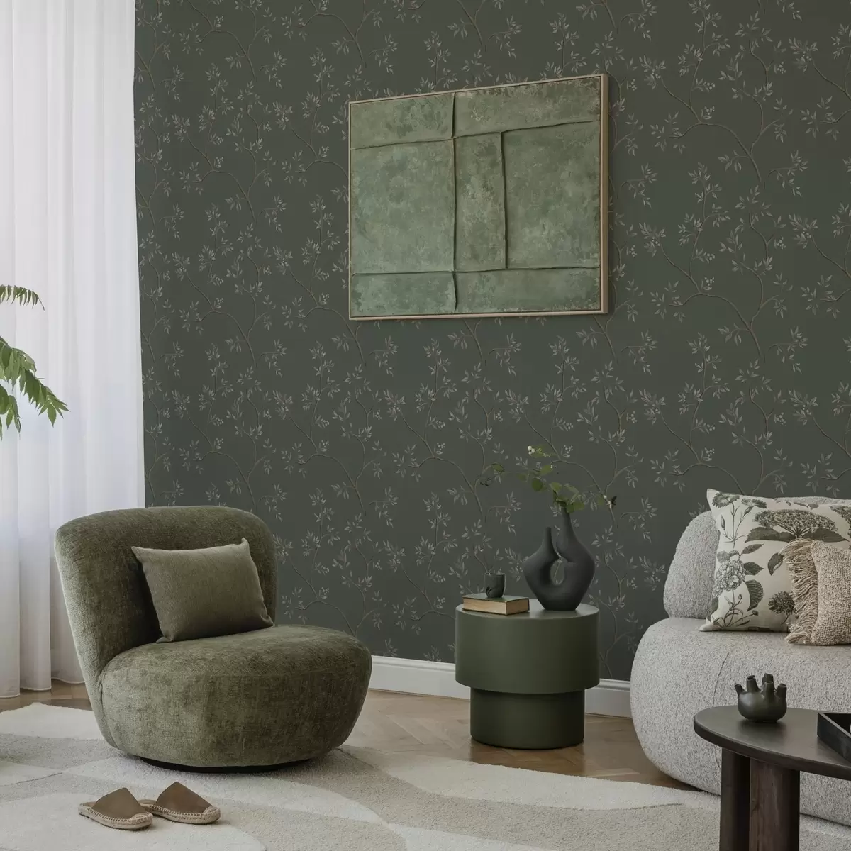 Papel pintado Delicadas ramas frondosas sobre un fondo verde oscuro a00597