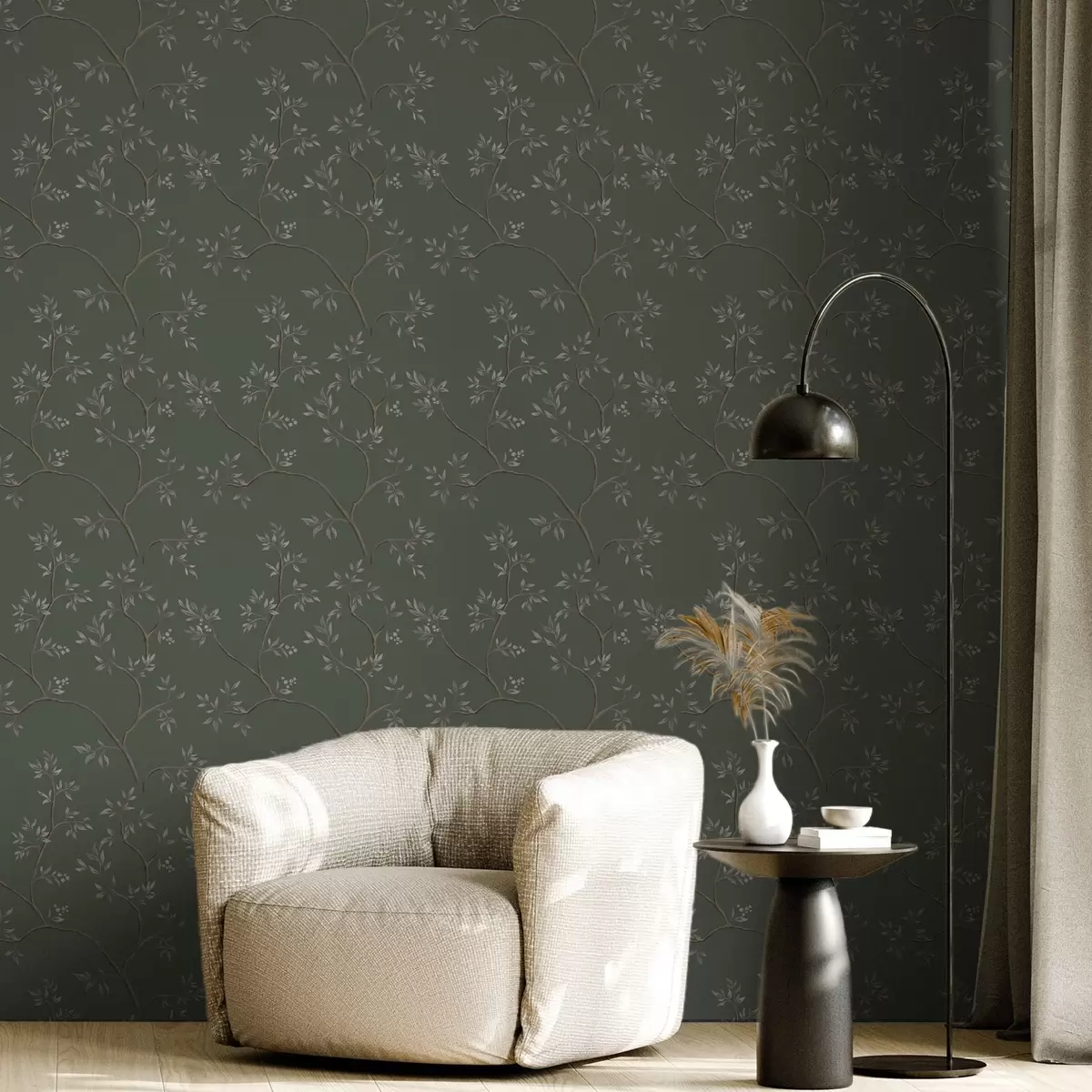 Papel pintado Delicadas ramas frondosas sobre un fondo verde oscuro a00597