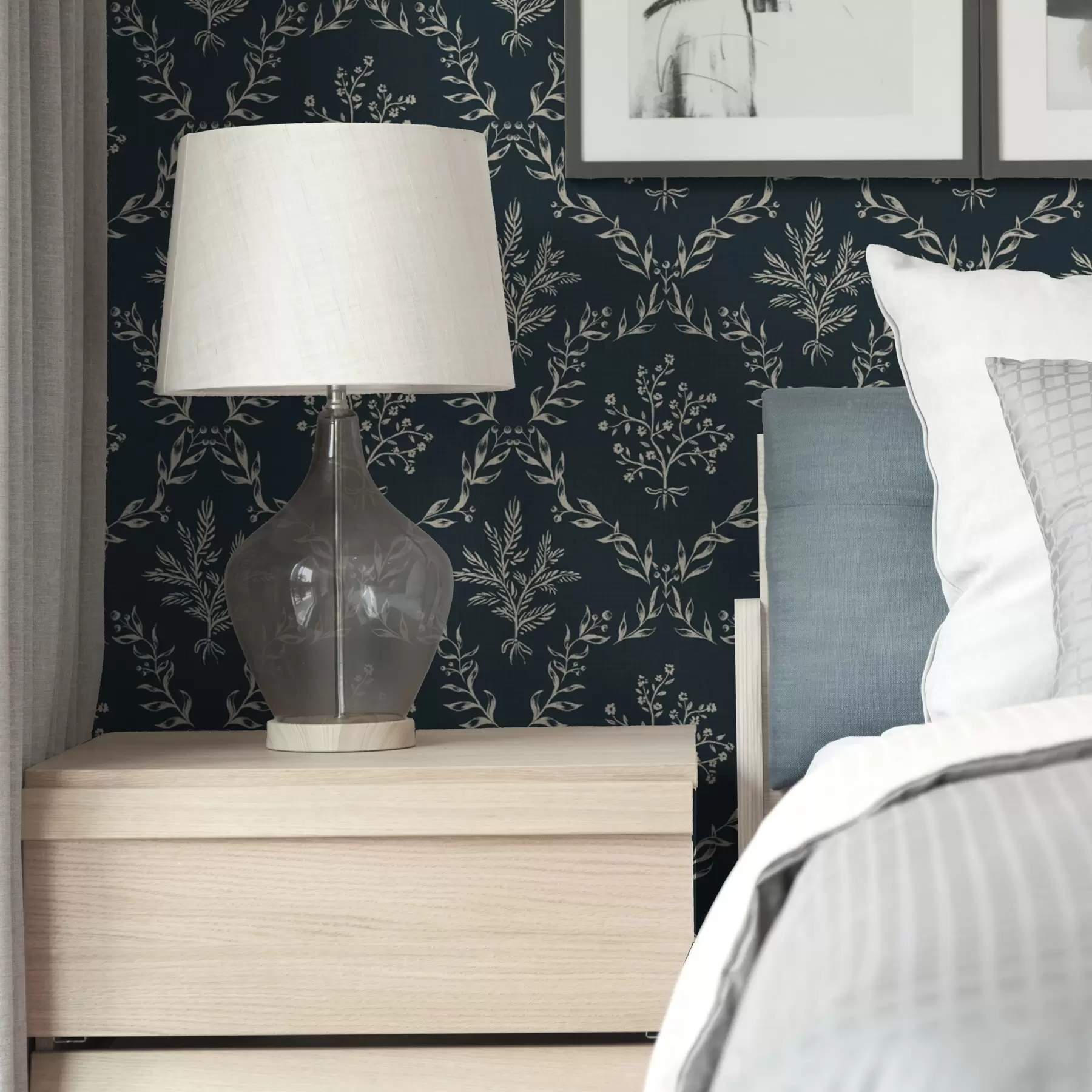 murales de pared Coronas blancas de hierbas y flores sobre fondo verde azulado oscuro a00599v2