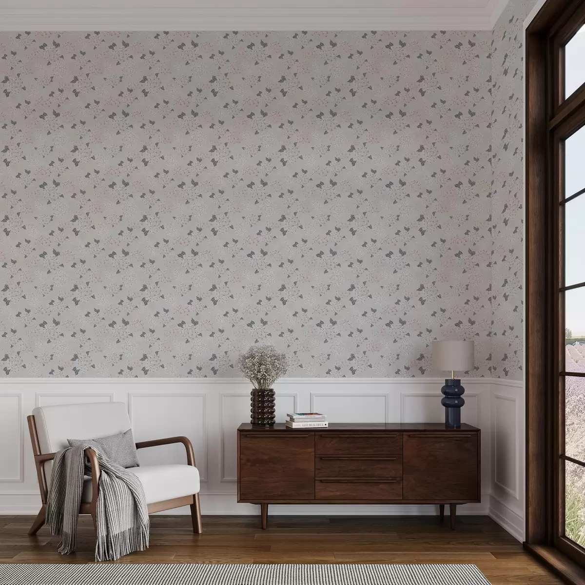 Papel pintado Flores aireadas sobre un fondo claro, suaves tonos rosa grisáceos a00600