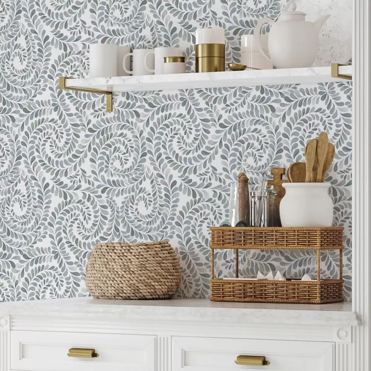 Papel pintado Espirales frondosas en tonos gris azulados fríos a00602v1