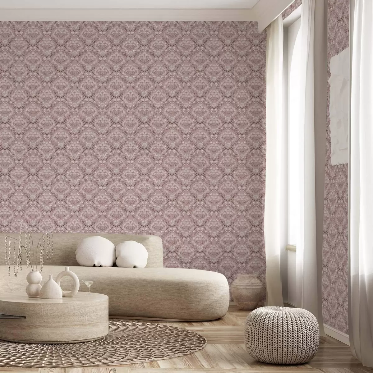 Papel pintado Damasco rosa: peonías, campanillas de invierno y racimos de encaje a00603