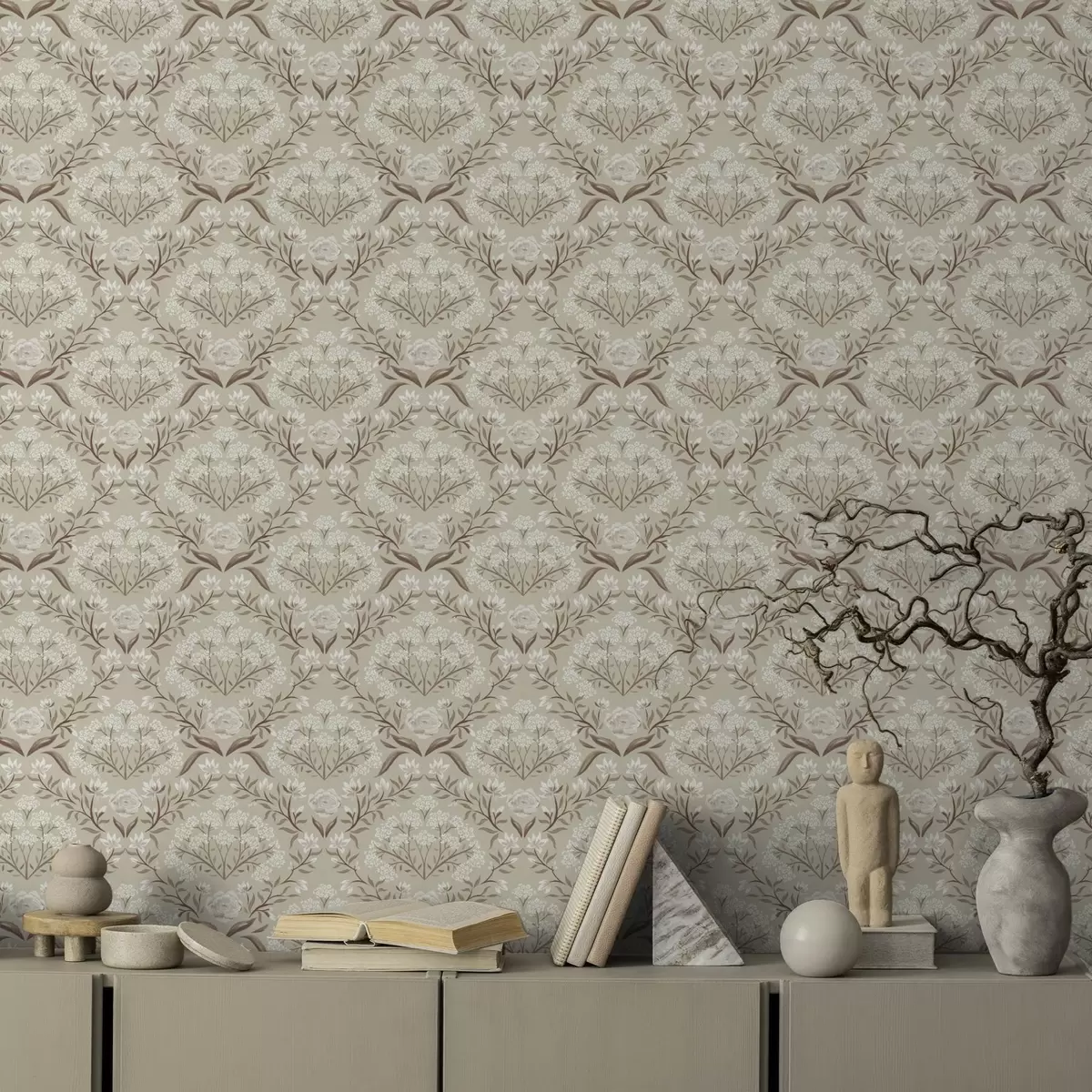 Papel pintado Damasco beige: peonías, campanillas de invierno y racimos de encaje a00603v1
