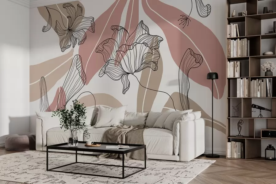 murales de pared hojas y flores abstractas en tonos empolvados y beige w04499