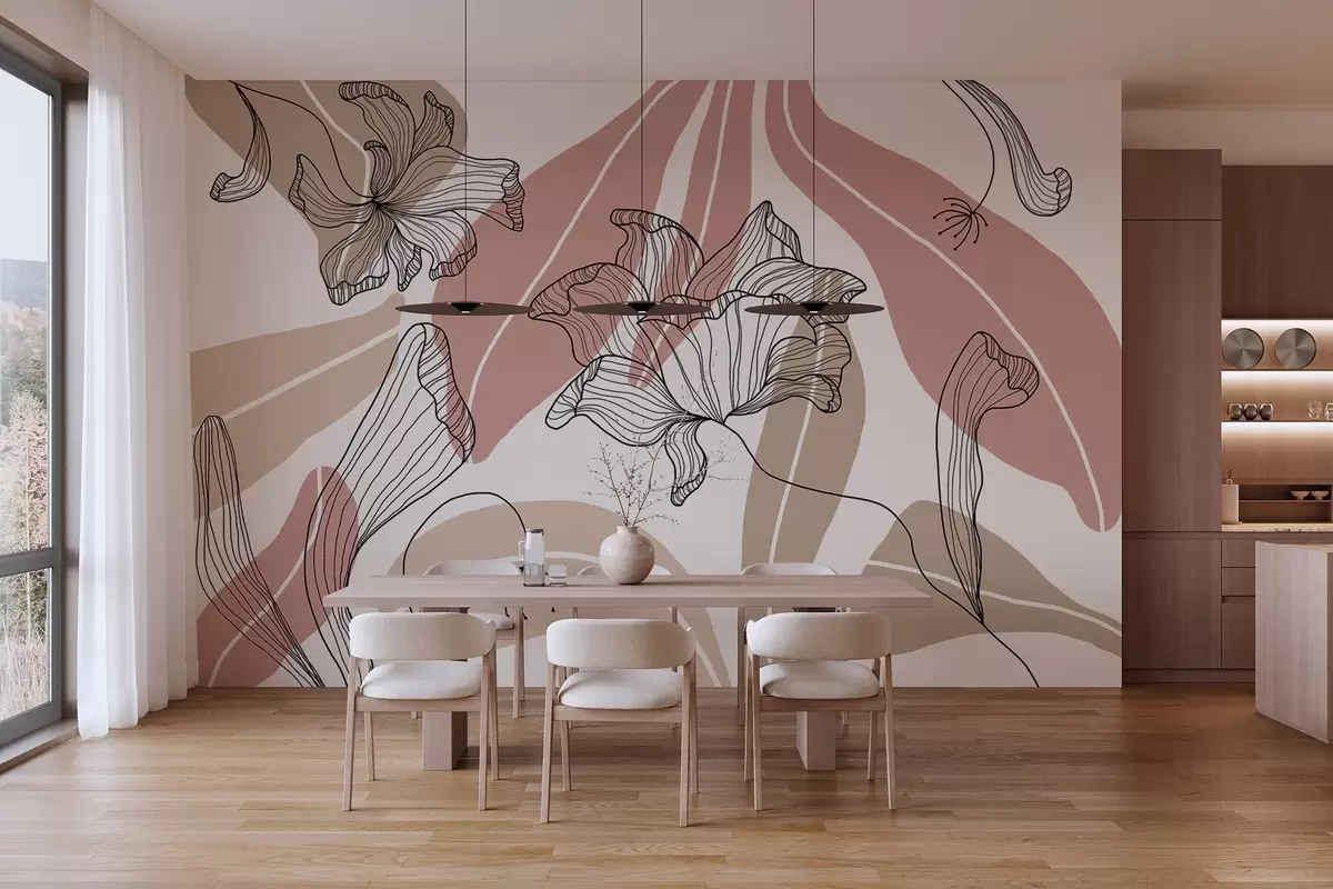 murales de pared hojas y flores abstractas en tonos empolvados y beige w04499