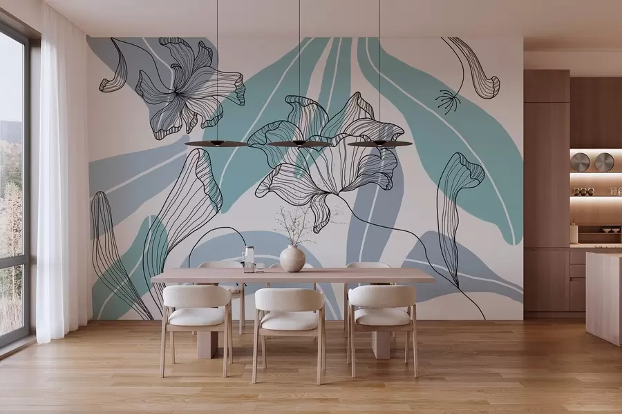 murales de pared hojas y flores abstractas en tonos azules w04499v2