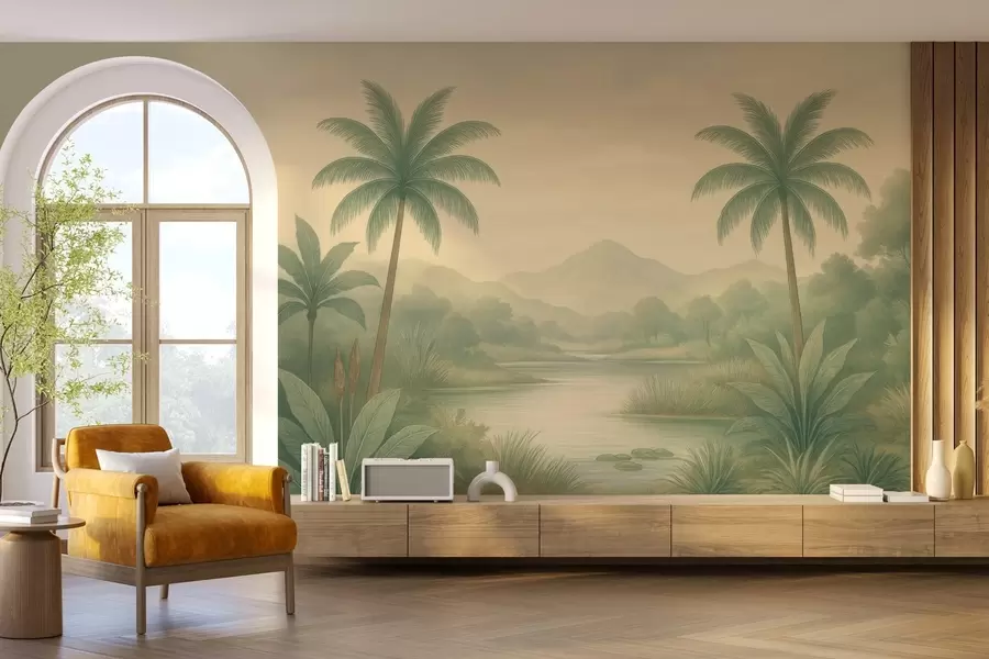 murales de pared paisaje tropical con palmeras y un río w04623