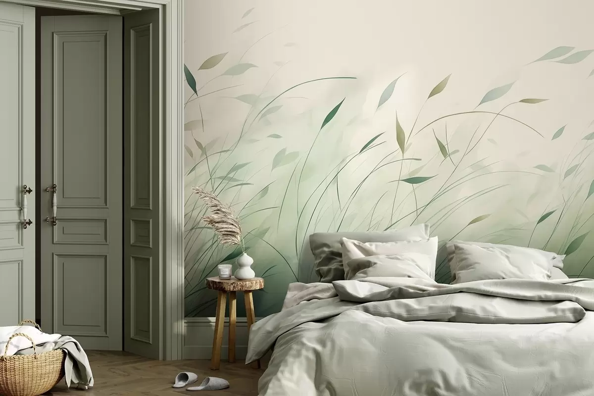murales de pared Hierba verde al viento en estilo acuarela w09331