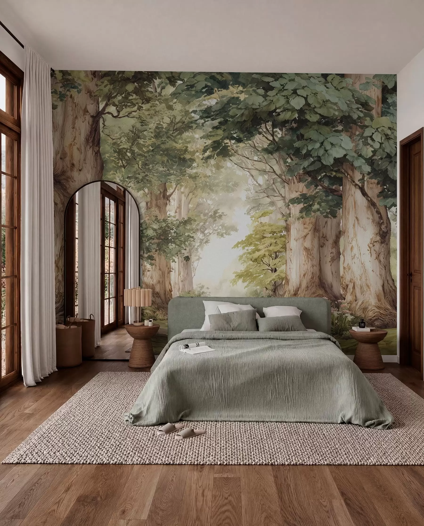 murales de pared Sendero forestal entre majestuosos árboles en estilo acuarela w09404