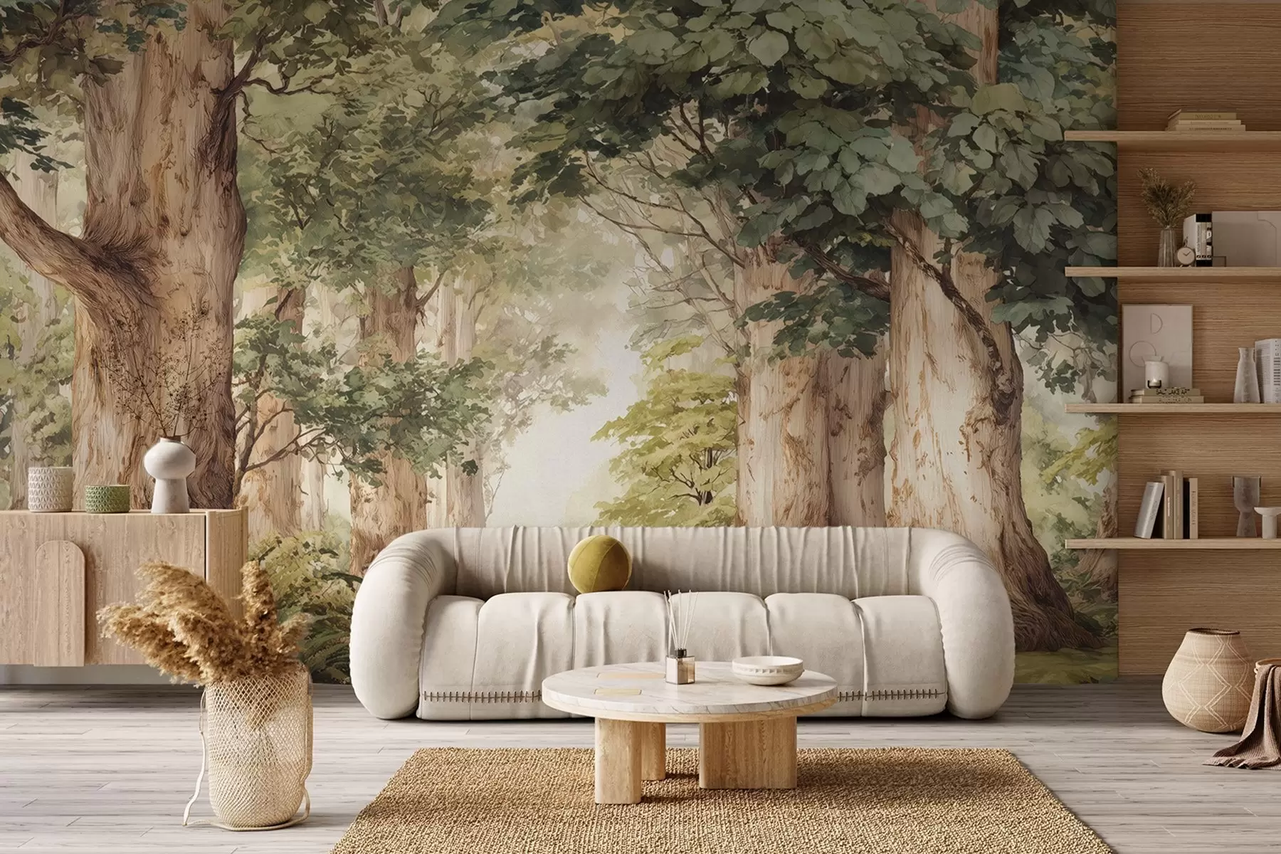 murales de pared Sendero forestal entre majestuosos árboles en estilo acuarela w09404